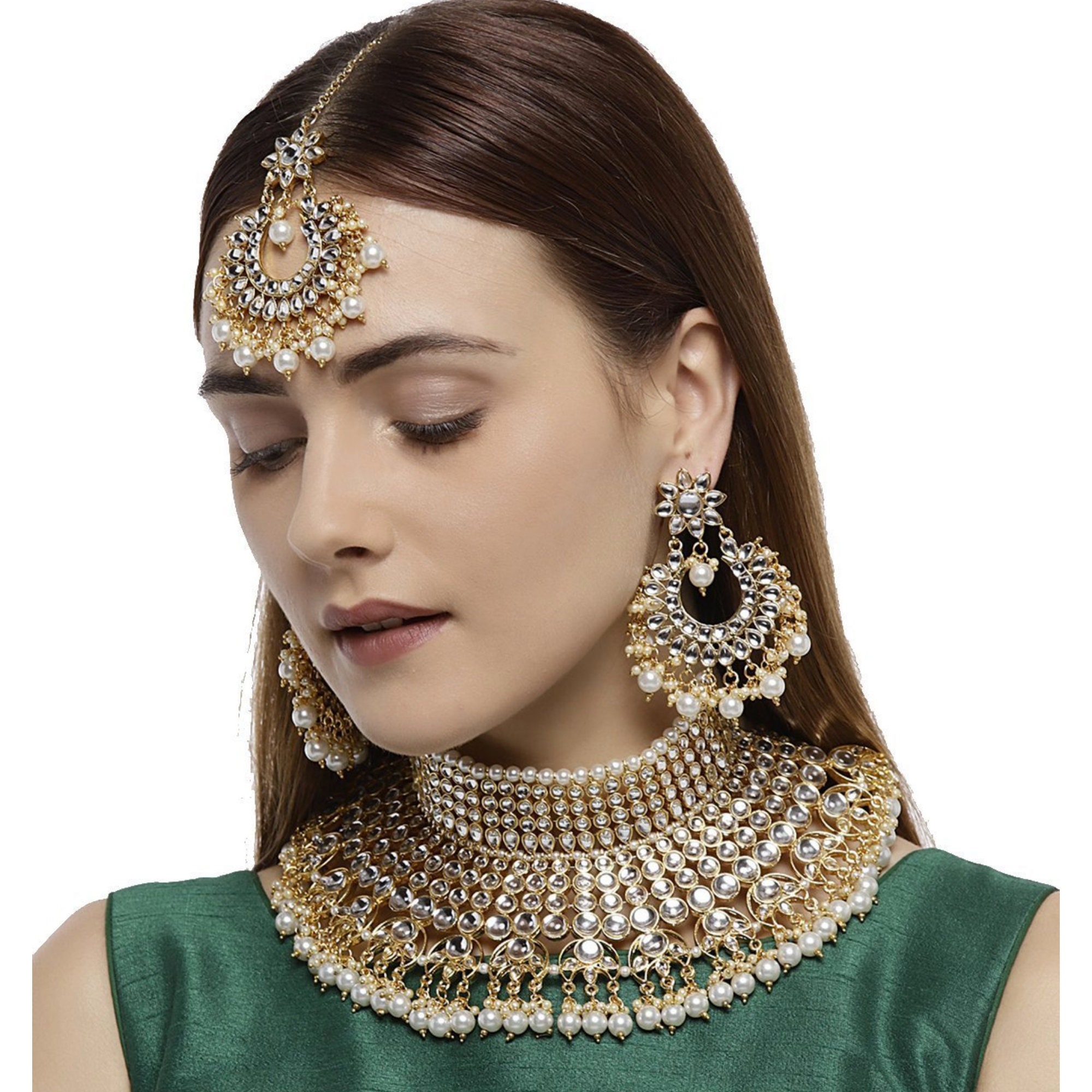 Pearls Studded Indian Ethnic Traditional Gold Plated Choker Necklace 3 Pc Set Necklace Sets Bridal Jewellery For Women,Christmas Jewelry.