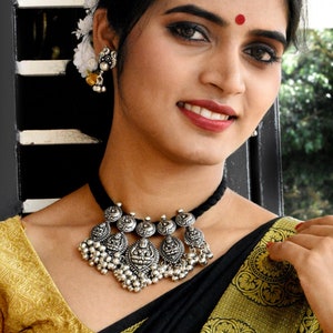 Oxidized German Silver Lakshmi Choker Necklace & Stud Earrings