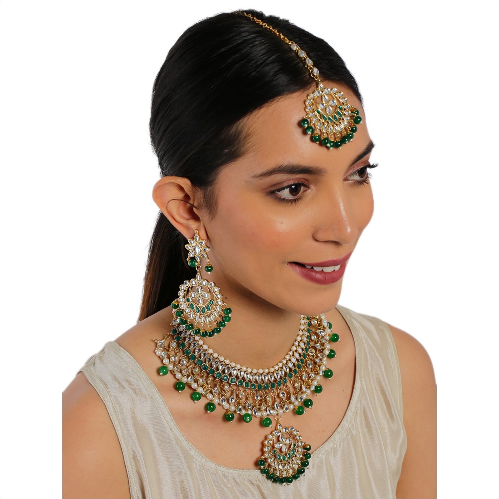 Zaveri Pearls Gold Tone Kundan And Green Beads Crescent Design | Etsy