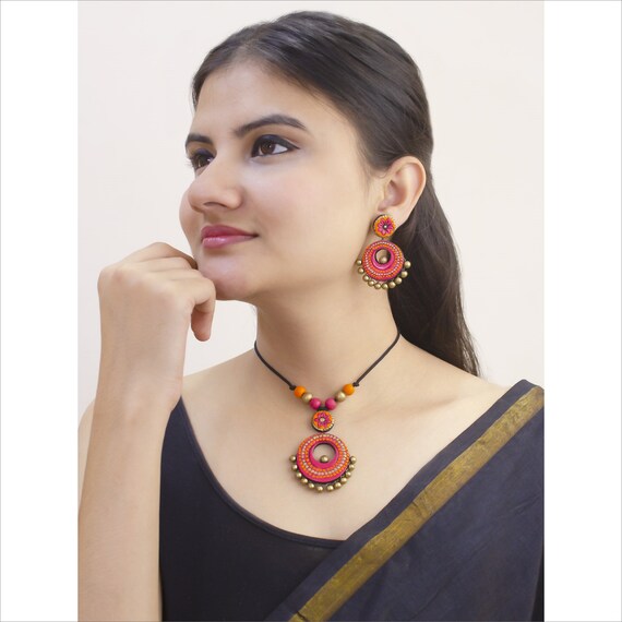 Handmade Terracotta Gold pink orange Necklace With Dangler