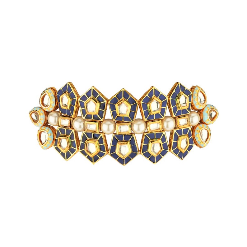 High Quality Gold Plated Kundan /& Shell Pearl Blue Enamel Pentagon Shape Design Bridal Choker Necklace Indian Wedding Bollywood Jewelry