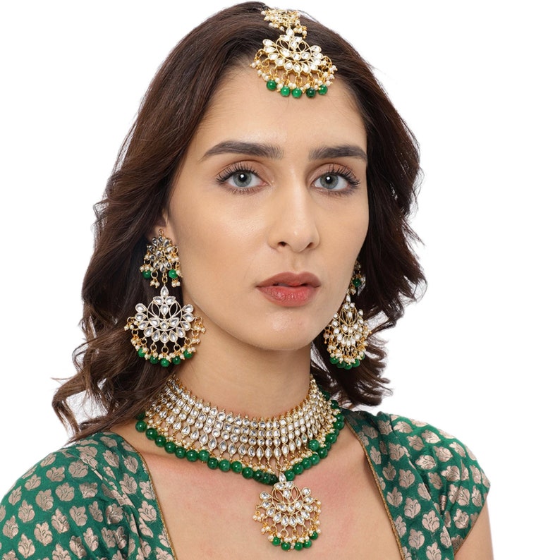 Zaveri Pearls Gold Tone Kundan Pearls Green Beads Necklace | Etsy