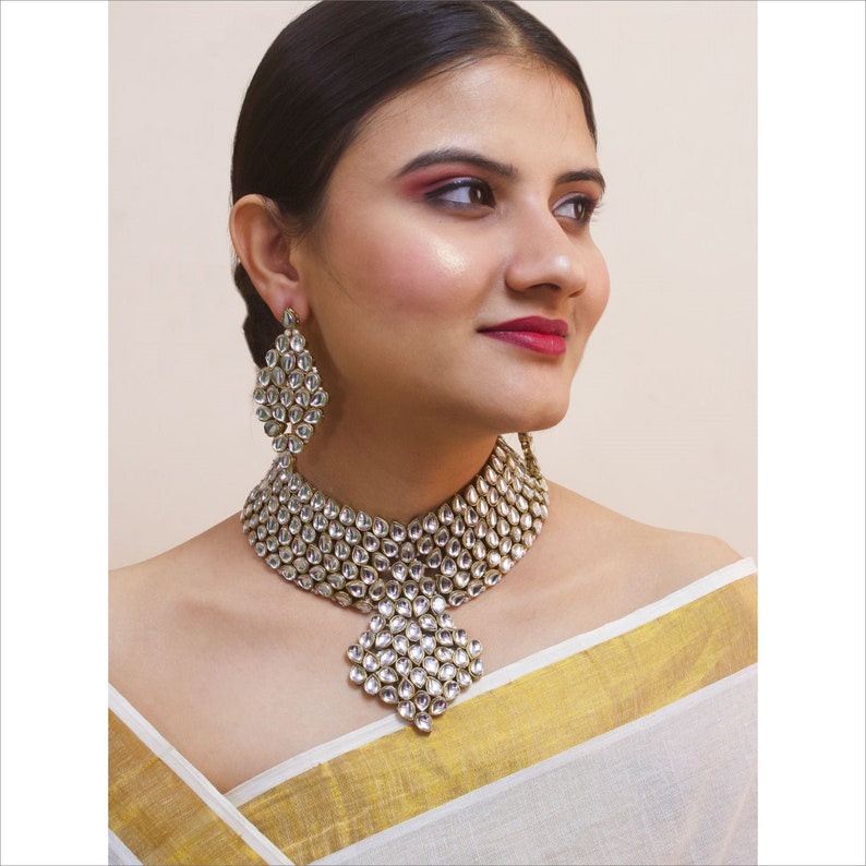Designer High Quality Gold Plated Kundan Studded Tear Drop Design Bridal Choker Necklace Set /& Adjustable Dhori Traditional Indian Jewelry