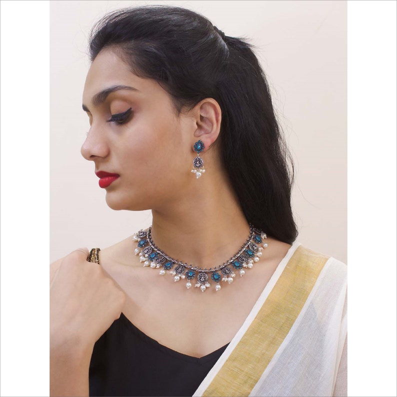 High Quality Oxidized German Silver Plated Turquoise Blue Stones Lakshmi Design Motif Pearl Dropping Choker Necklace Set Boho Indian Jewelry