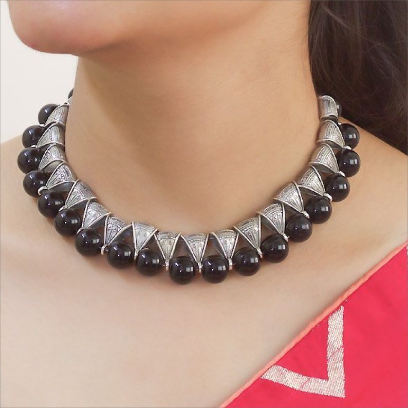 High Quality Oxidized German Silver Bail Motifs Black Glass Beads Tribal Choker Necklace Indian Jewelry Boho Gypsy Jewelry Beaded Jewelry