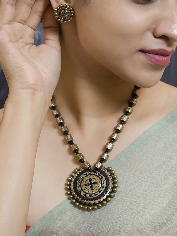 Buy Handmade Terracotta Clay Antique Gold black Long Necklace With