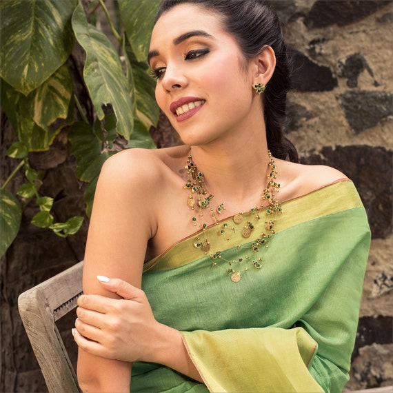Green Kemp Stones With Coin Motifs Layered Statement Necklace With