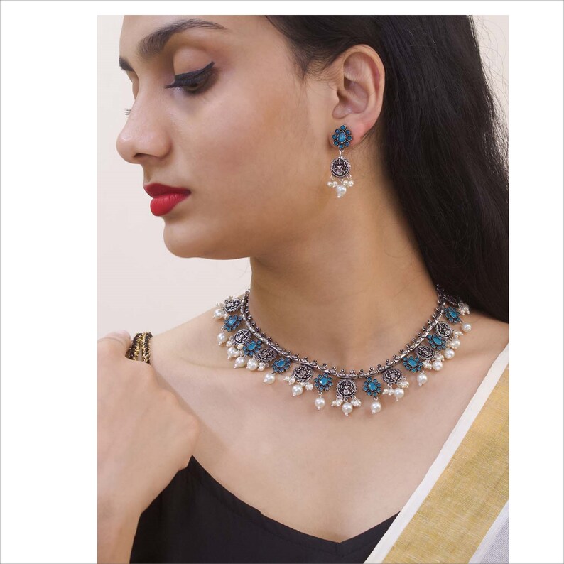 High Quality Oxidized German Silver Plated Turquoise Blue Stones Lakshmi Design Motif Pearl Dropping Choker Necklace Set Boho Indian Jewelry