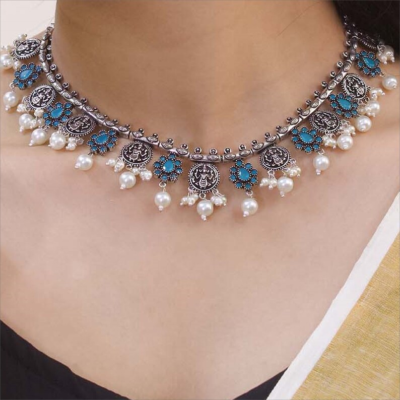 High Quality Oxidized German Silver Plated Turquoise Blue Stones Lakshmi Design Motif Pearl Dropping Choker Necklace Set Boho Indian Jewelry