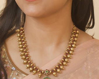 USA Duty Free | Handmade Terracotta Kolhapuri Choker Necklace Set: Antique Gold Jhumka Earrings