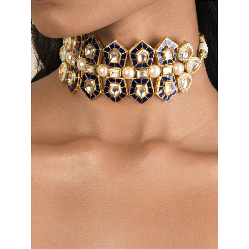 High Quality Gold Plated Kundan /& Shell Pearl Blue Enamel Pentagon Shape Design Bridal Choker Necklace Indian Wedding Bollywood Jewelry