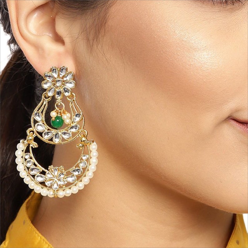 Traditional Indian Jewelry Zaveri Pearls High Quality Gold Plated Kundan /& Green Bead Crescent Shape Pearls Dropping Chandelier Earrings
