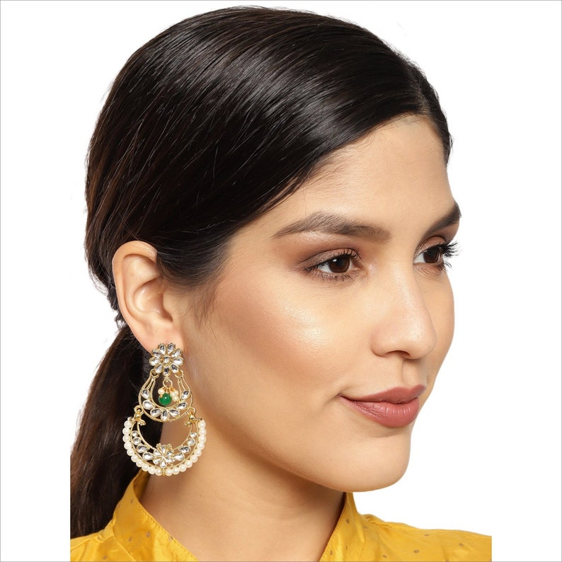 Traditional Indian Jewelry Zaveri Pearls High Quality Gold Plated Kundan /& Green Bead Crescent Shape Pearls Dropping Chandelier Earrings