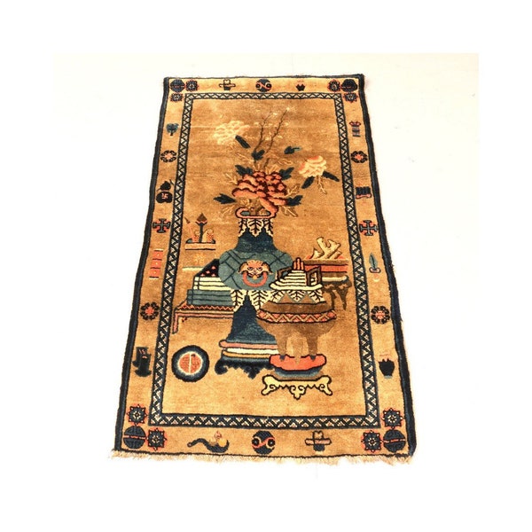 Antique Chinese Baotou rug from Inner Mongolia, Pao Tou Chinese Rug 130 x 73 cm - 4’3” x 2’4” in Perfect Condition