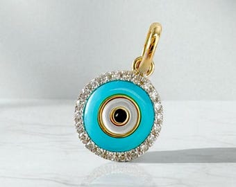 14k Solid Gold Evil Eye Pendant Charm, Natural Diamond and Mother of Pearl Necklace pendant, Protection Amulet Charm, Dainty Lucky Gift