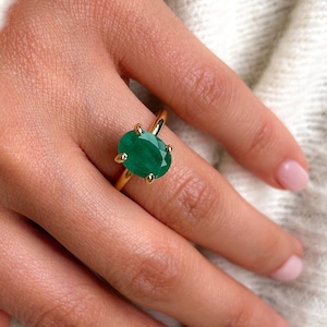 Oval Emerald Solitaire Ring: 14k Yellow Gold Engagement Ring