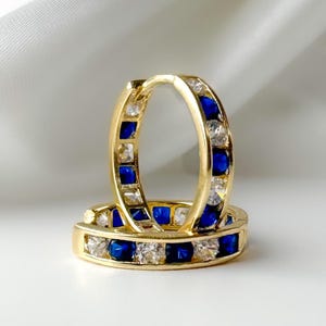14k Solid Gold Huggie Hoop Earrings: Sapphire & Diamond Gemstone