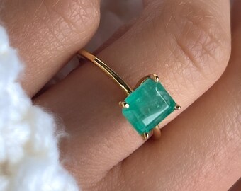 Natural Colombian Emerald Ring, Emerald Cut Emerald Engagement Ring, 14k Gold Solitaire Ring, May Birthstone Ring