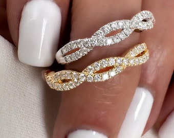 14k Gold Diamond Infinity Twist Ring: Micro Pave Wedding Band