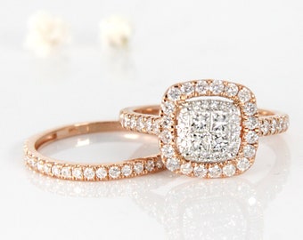 Diamonds Engagement Ring 14k Rose Gold, princess-Cut Diamond Engagement Ring, Halo Diamond Engagement Ring, Halo Engagement Ring