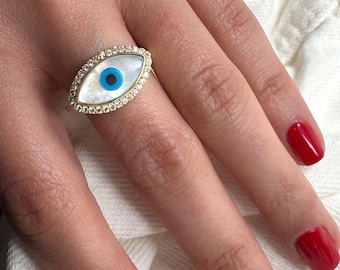 14k Gold Evil Eye Ring: Mother of Pearl, Simulated Diamond Halo