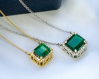 14k Gold Colombian Emerald Necklace: Diamond Halo, Emerald Cut, Natural Gemstone
