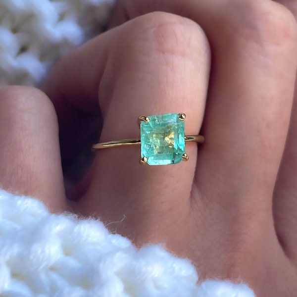 Natural Colombian Emerald Ring 14k Gold, Green Beryl Ring, Emerald Cut Emerald Ring, Solitaire Emerald Ring, Natural Emerald Engagement Ring