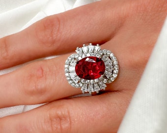 Ruby Halo Sterling Silver Ring: Simulated Diamond Accents, Size 7