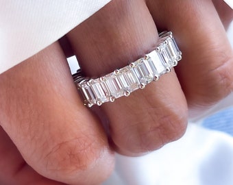14k Gold Emerald Cut Moissanite Eternity Wedding Band, Full Eternity Ring