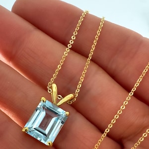 14K Gold Emerald Cut Sky Blue Topaz Pendant: December Birthstone Jewelry