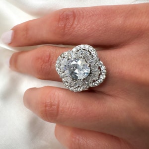 Oval Halo Simulated Diamond Ring: Sterling Silver Gatsby Ring, Size 6.5