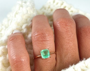 Natural Colombian Emerald Ring 14k Gold, Beryl Ring, Emerald Cut Emerald Ring, Solitaire Emerald Ring, Natural Emerald Engagement Ring