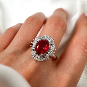 Ruby and Diamond Ring, Halo Diamond Ring, Ruby Engagement Ring, Rhodium Plated Sterling Silver, Statement Ring, Oval Cut Halo Ring, Size8.25