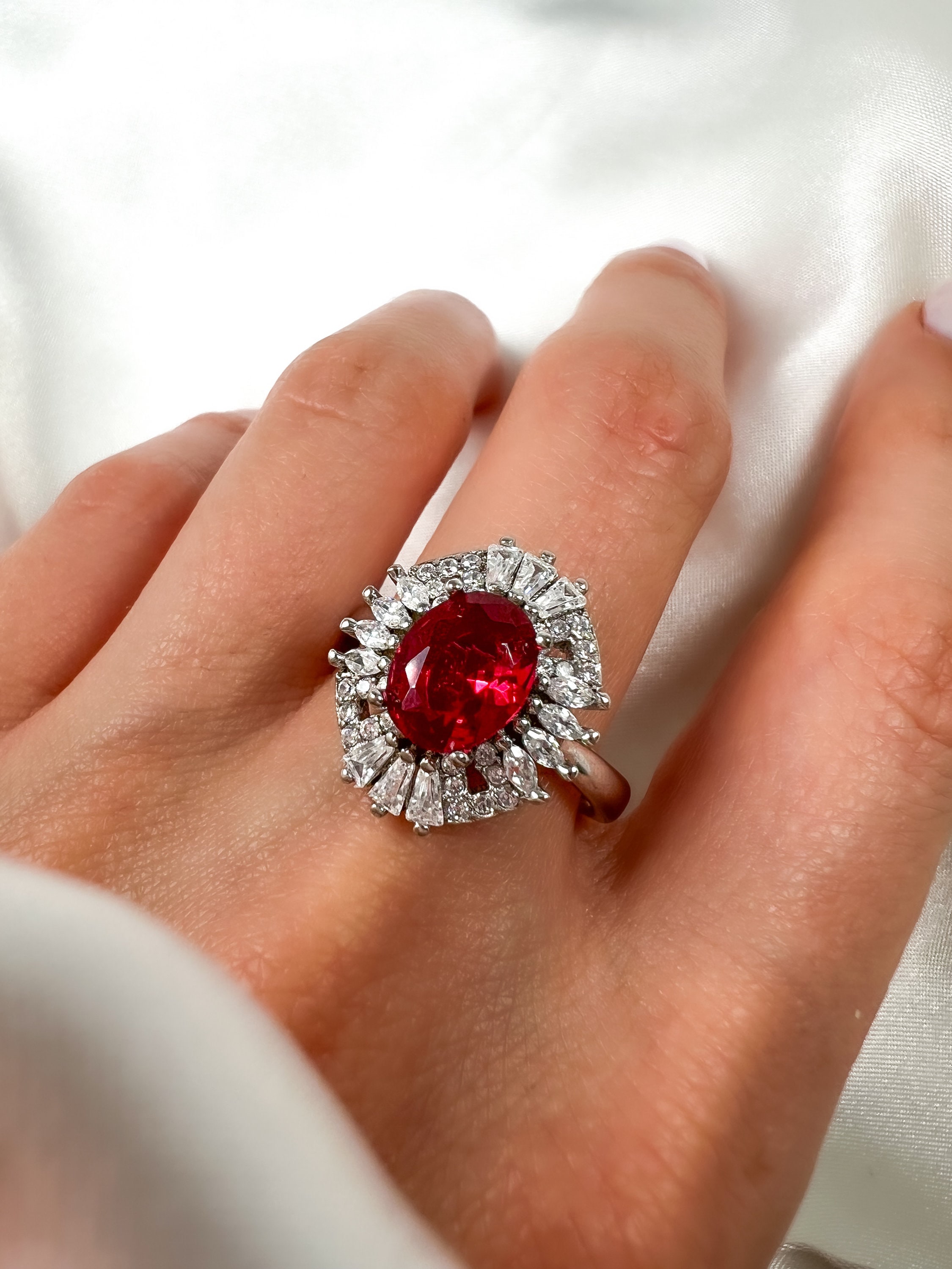 Ruby and Diamond Ring Halo Diamond Ring Ruby Engagement Ring Rhodium Plated Sterling Silver Statement Ring Oval Cut Halo Ring Size8.25