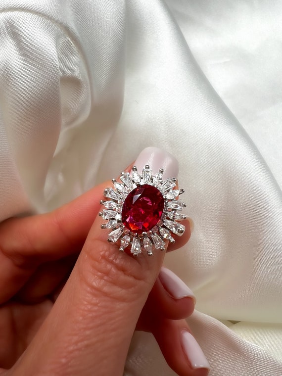 Bague halo rubis bague plaquee rhodium bague Gatsby cadeau pour elle bague de fiancailles de style Gatsby bague rubis bijoux en argent taille 6 5 Etsy Canada