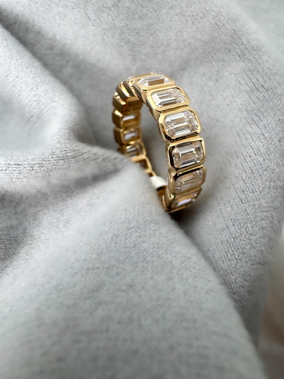 5ct Moissanite Bezel Set Emerald Cut Eternity Band: 14k Gold Wedding ...