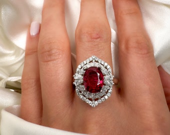 Ruby and Diamond Ring, Women's Vintage Ring, Rhodium Plated Sterling Silver, Ruby Engagement Ring, Halo Diamond Ring, Oval Ruby Diamond Ring