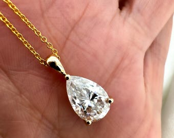 14k Gold Pear Lab Diamond Pendant, Solitaire Pear Diamond Necklace, Dainty Gold Necklace, Pear Necklace for Women, Gift for Her