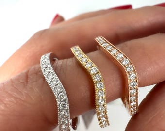 14k Gold Curved Diamond Wedding Band: Milgrain Eternity Ring