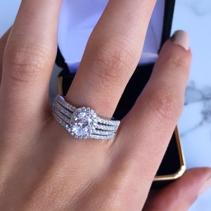 Sterling Silver Oval Halo Engagement Ring Set: Rhodium Plated, Size 7