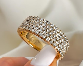 14K Solid Gold wide Diamond Wedding Band: Micro Pave Eternity Ring, Statement Anniversary Ring