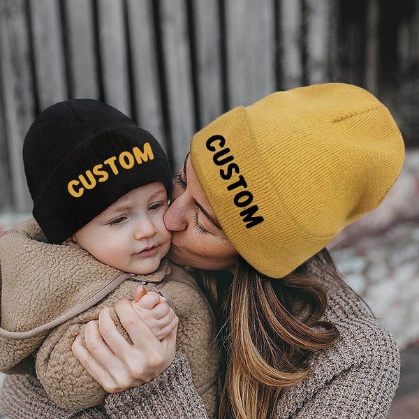 Custom Beanies for Baby Kids Adult, Baby Beanie, Personalized Beanie, Custom Embroidered Beanie, Dad and Kid Beanie, Birthday gift