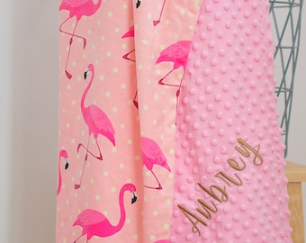 Personalized Baby Blanket Flamingo Dot Minky baby blanket Monogram Name Baby Blanket Baby girl blanket Newborn Baby gift Pink Baby blankets