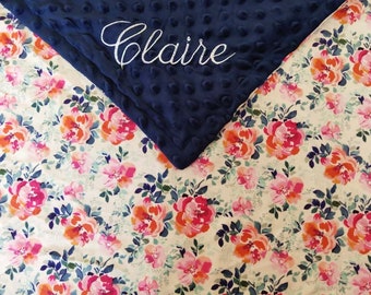 Personalized Baby Blanket Minky Floral Baby Girl Blanket with Name Newborn Girl Monogram Baby Blanket Custom Swaddle Toddler Child Blanket07