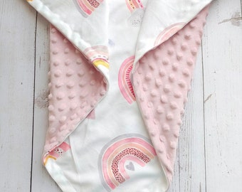Personalized Baby Girl Blanket, Pink Rainbow Minky, Custom Monogram