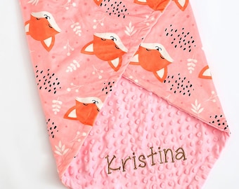 Personalized Baby Blanket Girl or Lovey Fox Pink Baby Blanket Baby girl blanket Newborn Gift Baby Shower Gift  Newborn Gift Girl Nursery A9