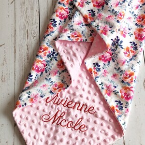 Pink Floral Blanket Baby Blanket Personalized Girl Baby Shower Gift Newborn Girl Blanket Custom Baby Blanket Minky baby blanket Monogram07