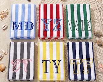 Personalized Light Blue Beach Towel, Embroidered Monogram Striped Pool Towel, Custom Initial Summer Vacation Towel, Beach Gift S1607