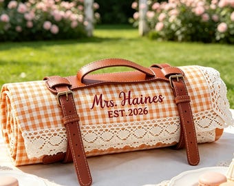 Custom Embroidered Lace Gingham Picnic Blanket, 1st Anniversary Gift, Wedding Gift For Couple, Bridal Shower Gift LXY1607