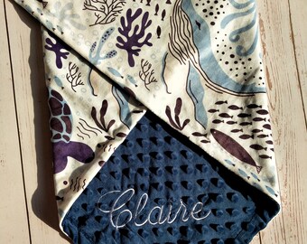 Sea Fish Personalized Baby Blanket, Soft Minky Lovey, Navy Blue Monogram